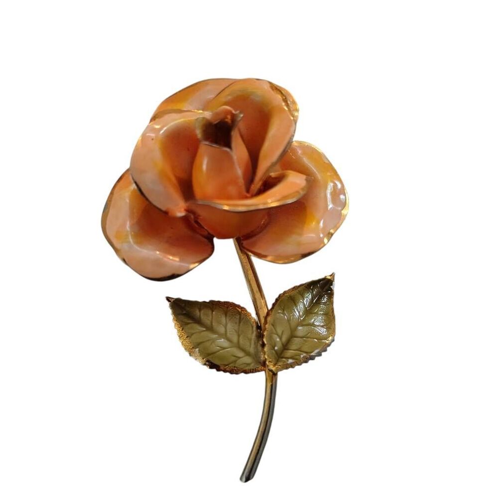Vintage Butterscotch Rose Brooch 3.5” Gold Tone Enamel Leaves Statement Pin